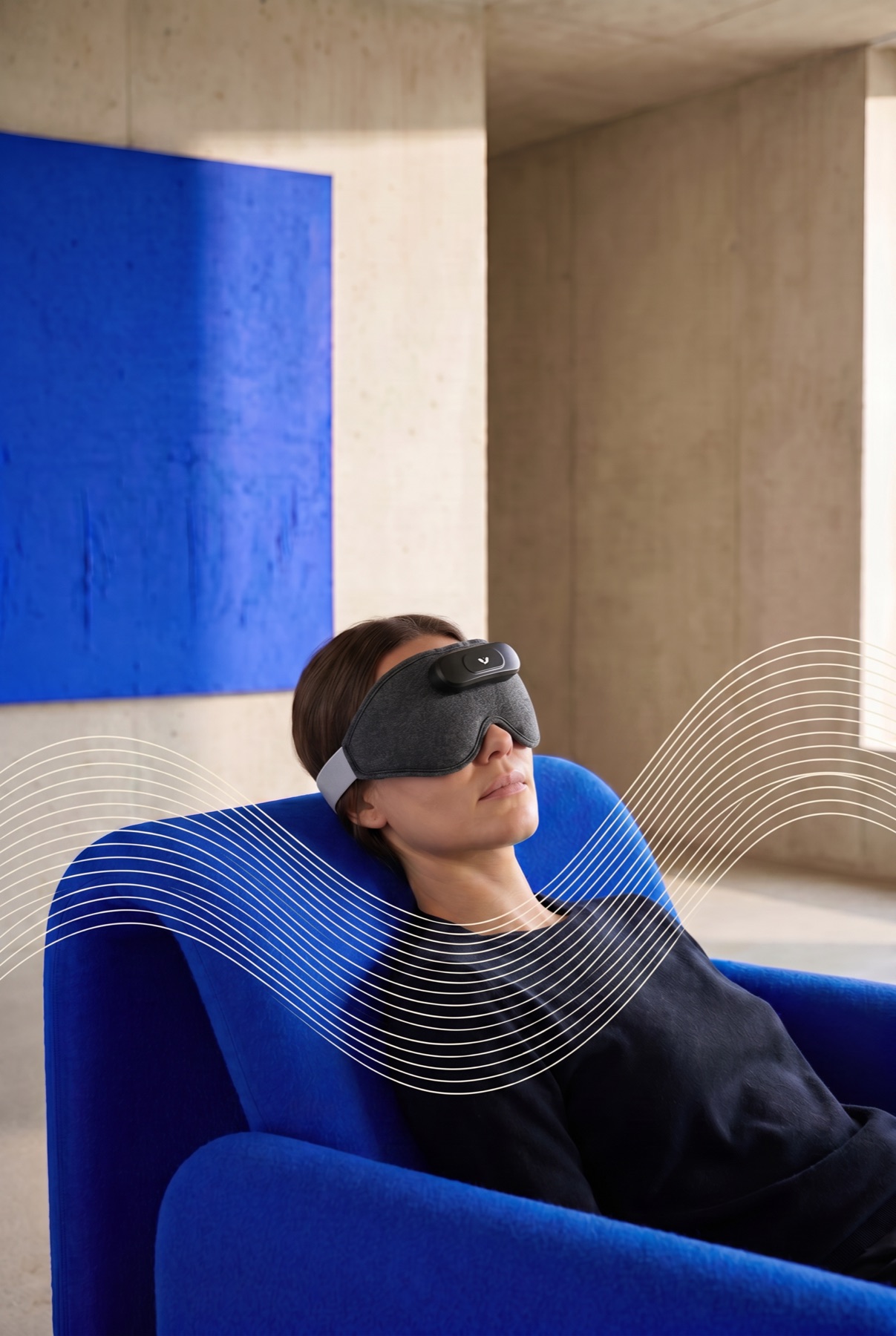 A person mid-session wearing the VS Alpha, calm and present